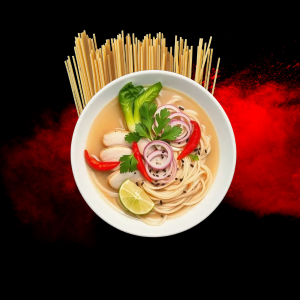 Chicken Chilli Ramen with spicy broth, noodles, and tender chicken.