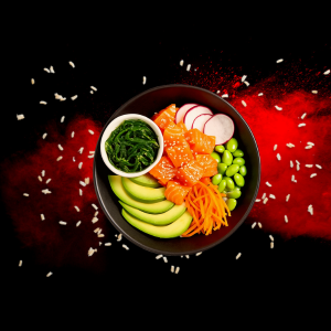 Salmon Koyo Bowl with grilled salmon and fresh vegetables over rice.