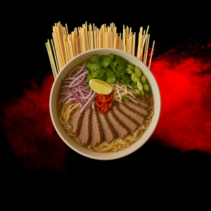 Steak Chilli Ramen with spicy broth, noodles, and tender steak slices